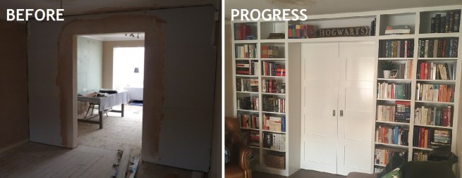 bookcase wall before and progress