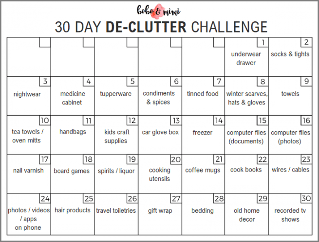 Declutter Challenge Calendar